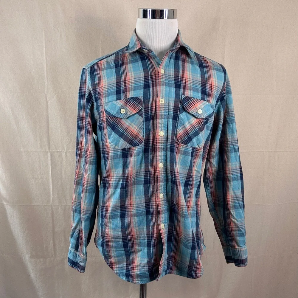 J. Crew Medium Heavyweight Flannel Shirt Blue Orange Plaid 100% Cotton Mens